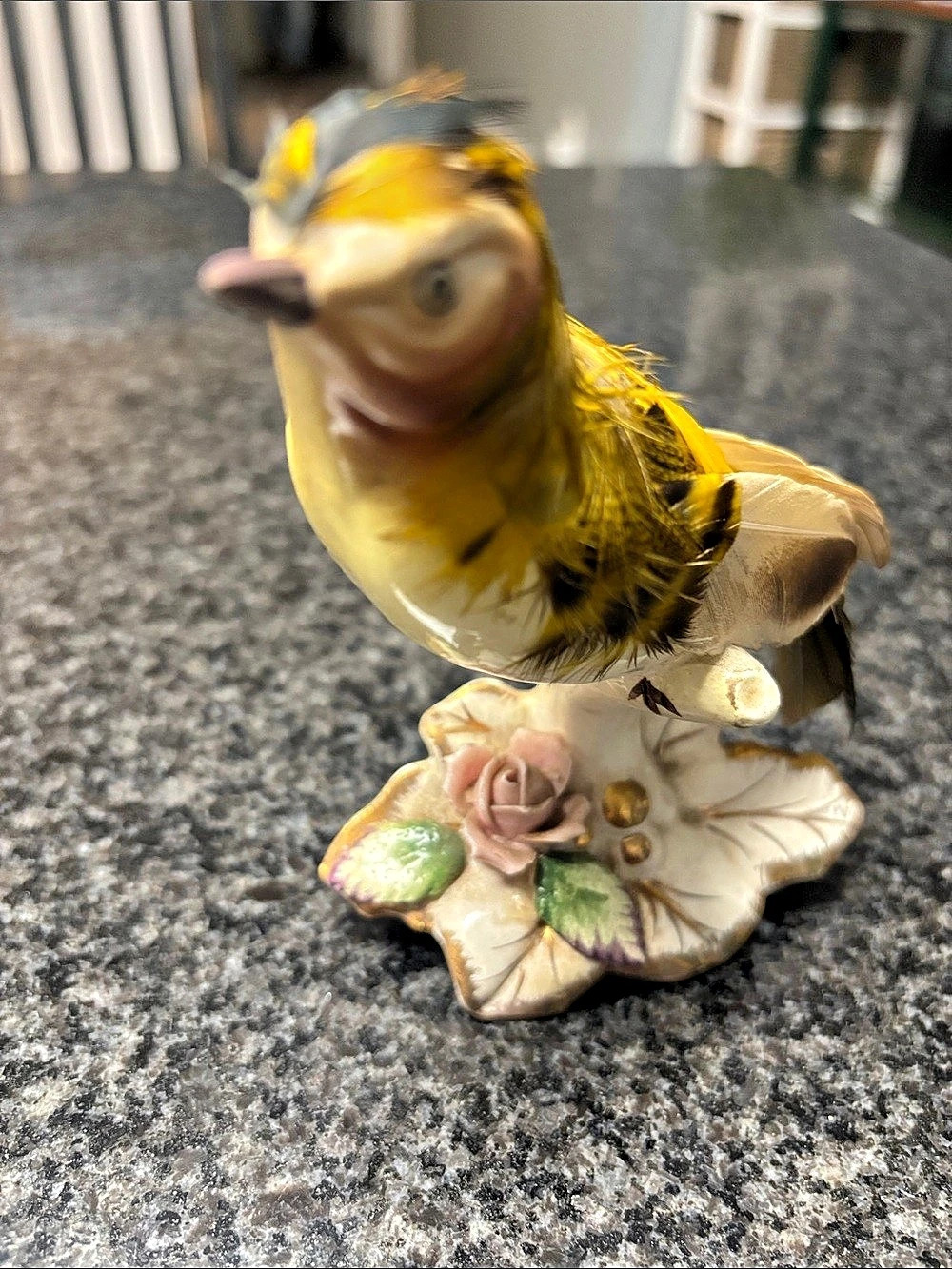 Vintage Yellow & Brown Ceramic Bird Figurine with real feathers Made in Japan